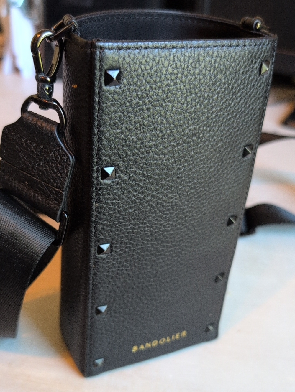 Bandolier Black Pebbled Leather Studded Crossbody Water Bottle Pouch